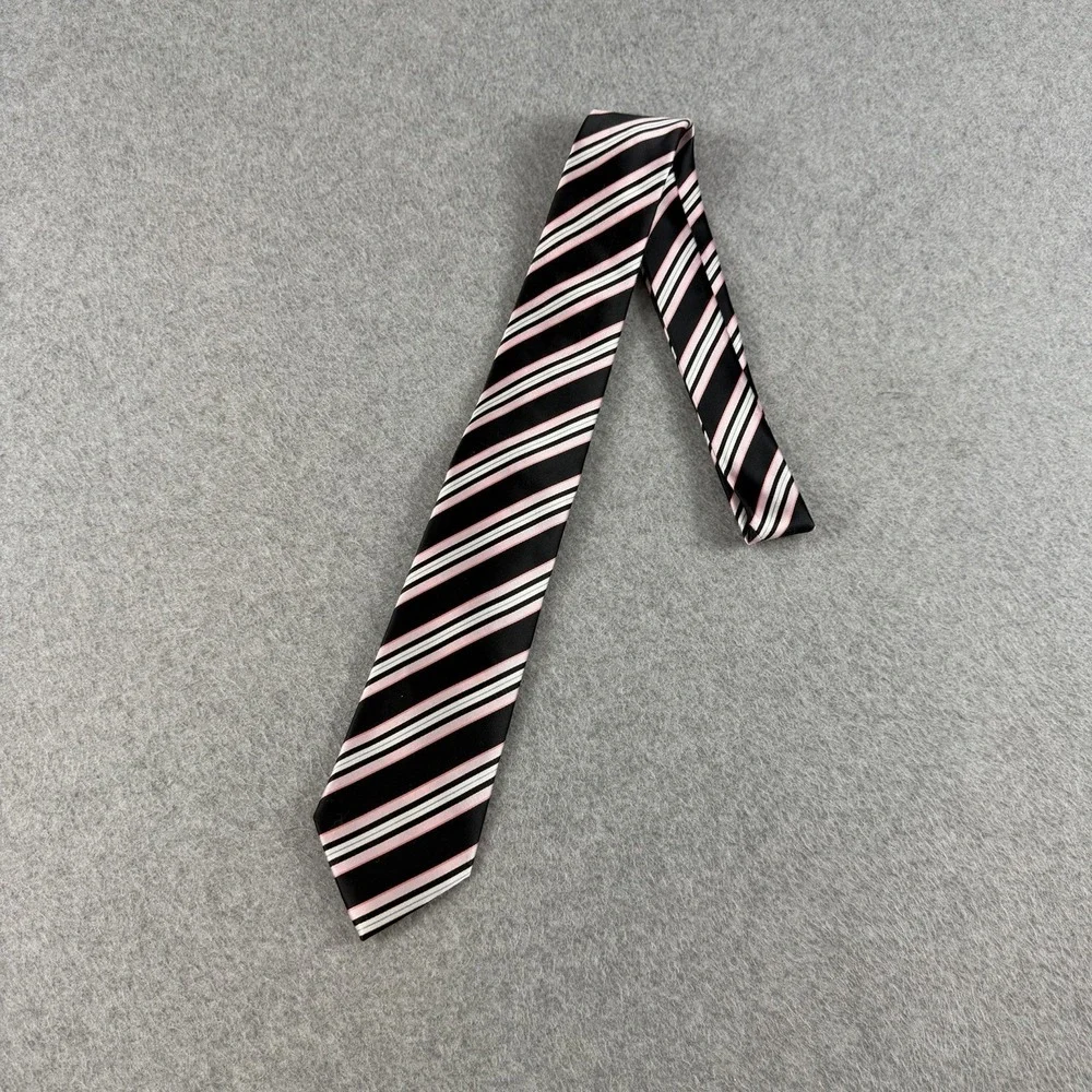 Croft & Barrow Black Pink White Blue Stripe Neck Tie 100% Polyester 60x3.25